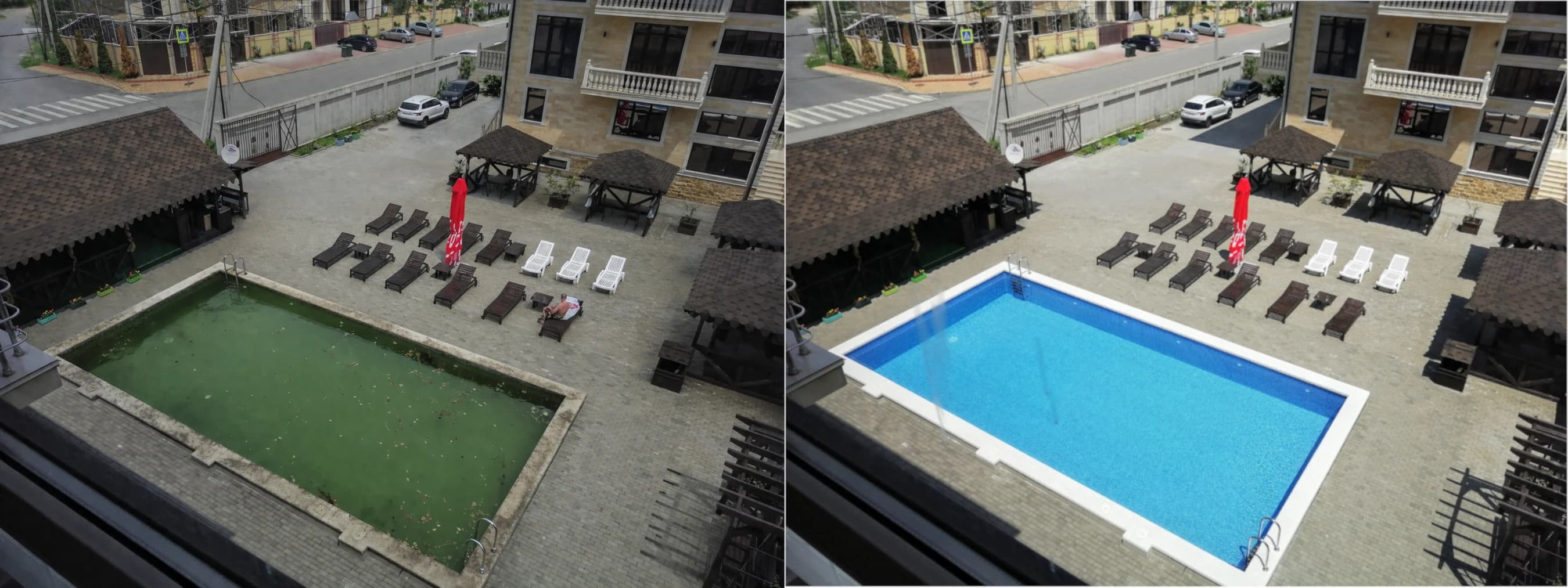 бассейн при гостинице, до - после обработки